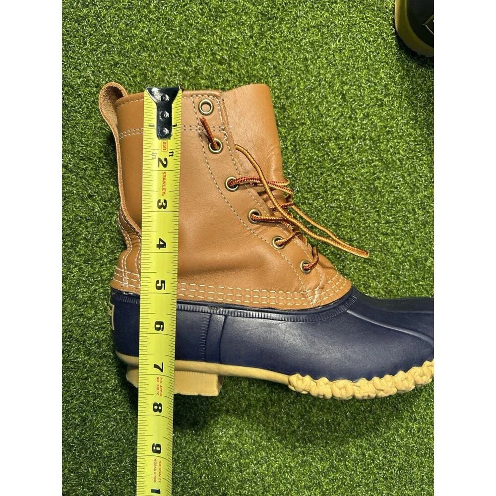 L.L. Bean Duck Boots Womens Size 6 M Tan Navy Blue  8” Leather Rubber USA Preppy